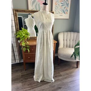 Vintage 60s Lace Wedding Dress White Beadwork Empire Waist Bridal Shower Gown